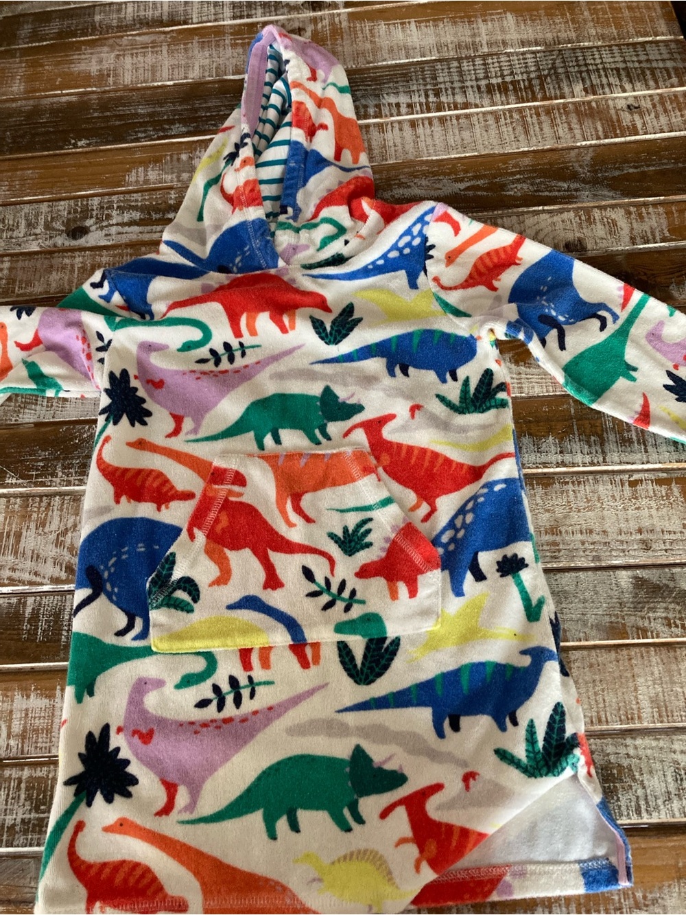 Mini Boden Teal-Striped Hooded Pullover with Multicolor Dino Accents